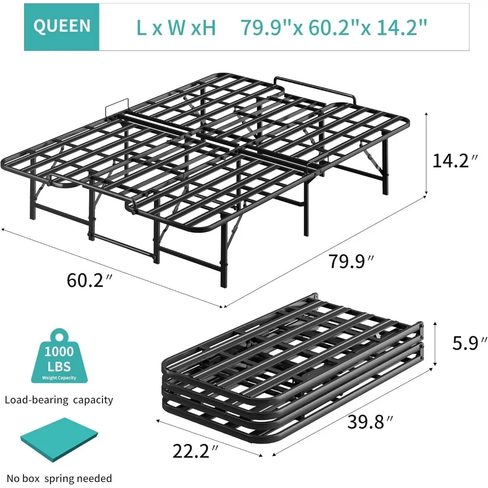 Estrutura de cama dobrável Queen, estrutura de cama de plataforma de metal portátil de 14,2" de altura com configuração gratuita de ferramentas, preta