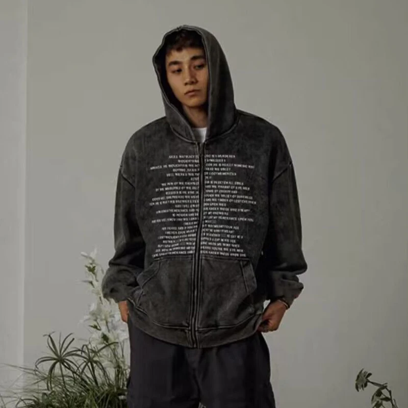 Spring Fall Zipper Letter Print Men Long Sleeve Hooded Cardigan Sweatshirts Fashion Vintage High Street Oversized Clothes Unisex