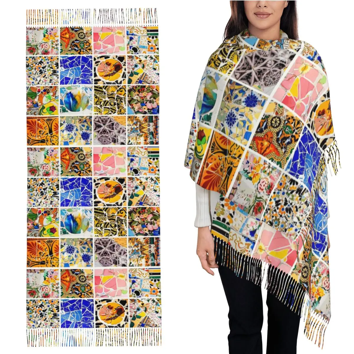 

Gaudi Barselona Mosaic Scarf Tassel Scarves Women Soft Warm Shawls and Wraps Long Fall Winter Shawl Wrap