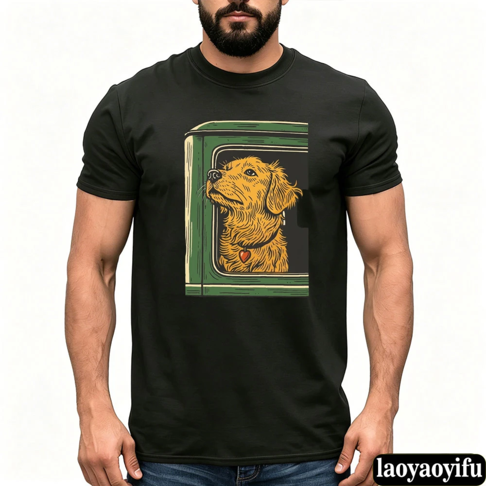 Golden Retriever Dog Car Window Graphic Men T Shirt Cute Pet Travel Adventure Print Short Sleeve Top for Dog Dad Lover