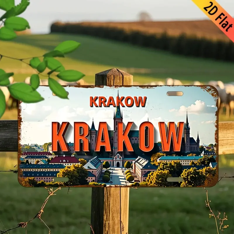 2D Flat - 1 placa de matrícula de aluminio de Cracovia vintage - Decoración rústica para automóvil con diseño tradicional de paisaje urbano pulido