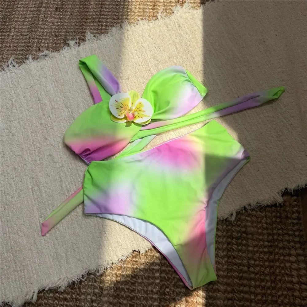 Blue Tie Dye Print High Wasit Bikinis Sets 3D Flower One Shoulder Bandeau Swimwear Sexy Swimsuit Women 2025 Bathing Suit Bikini