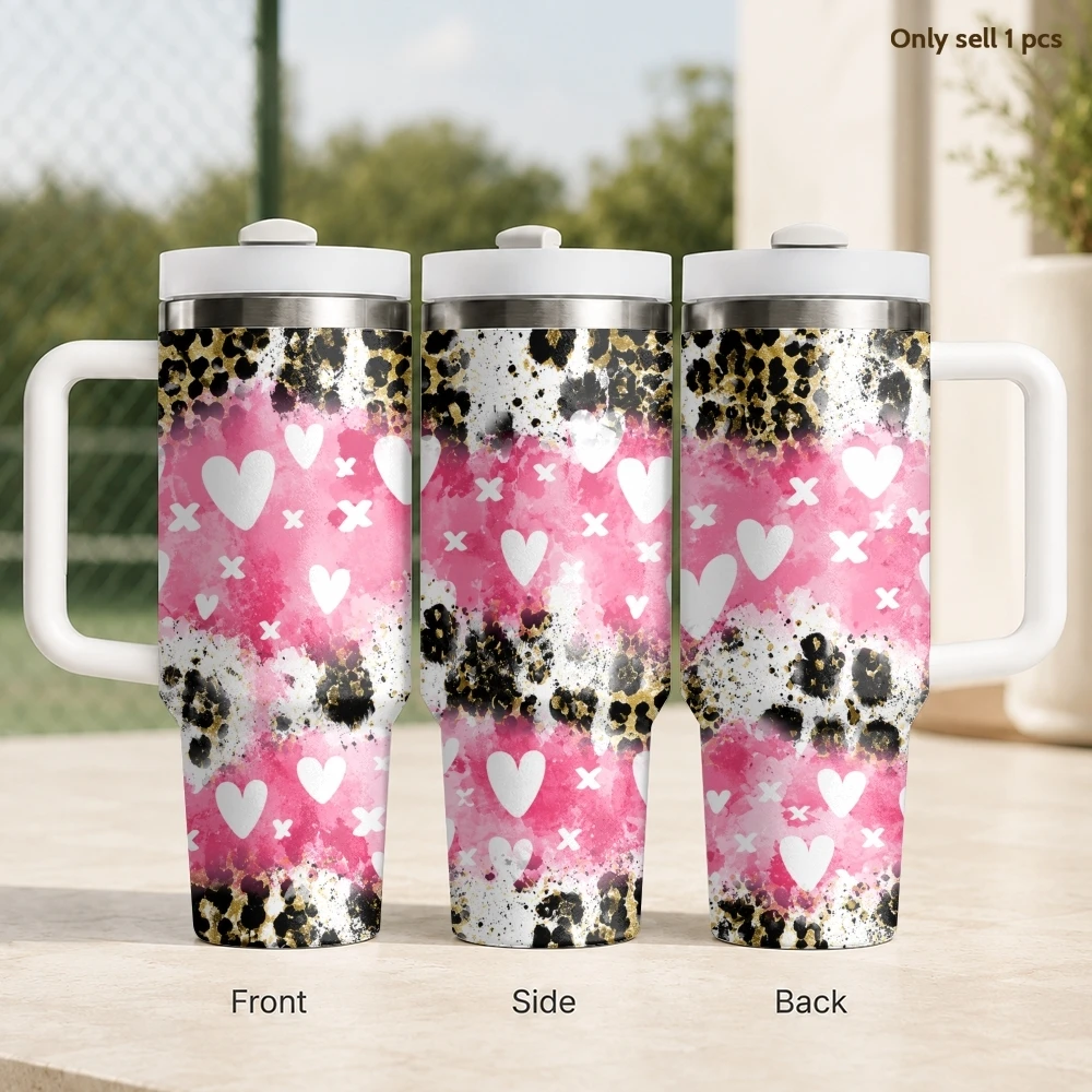 Leopard Cowhide Hearts Vacuum Flasks 40oz Stainless Steel Travel Tumbler with Handle Straw Lid Double Wall Vacuum Insulated