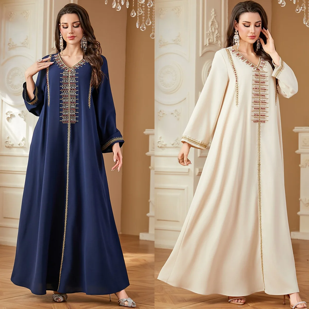 

Ele Embroidered Long Dr Robe Faionable Beaded Stitching Loose Waist Regular Sve Polyester Fiber Spring Autumn Wear