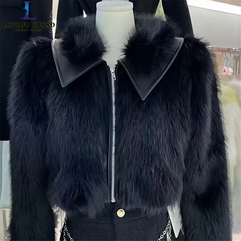 Motorcycle Faux Leather Jacket Women's Short Fashion Top with Spliced Faux Fox Fur Warm Autumn Winter Hot Girl Style