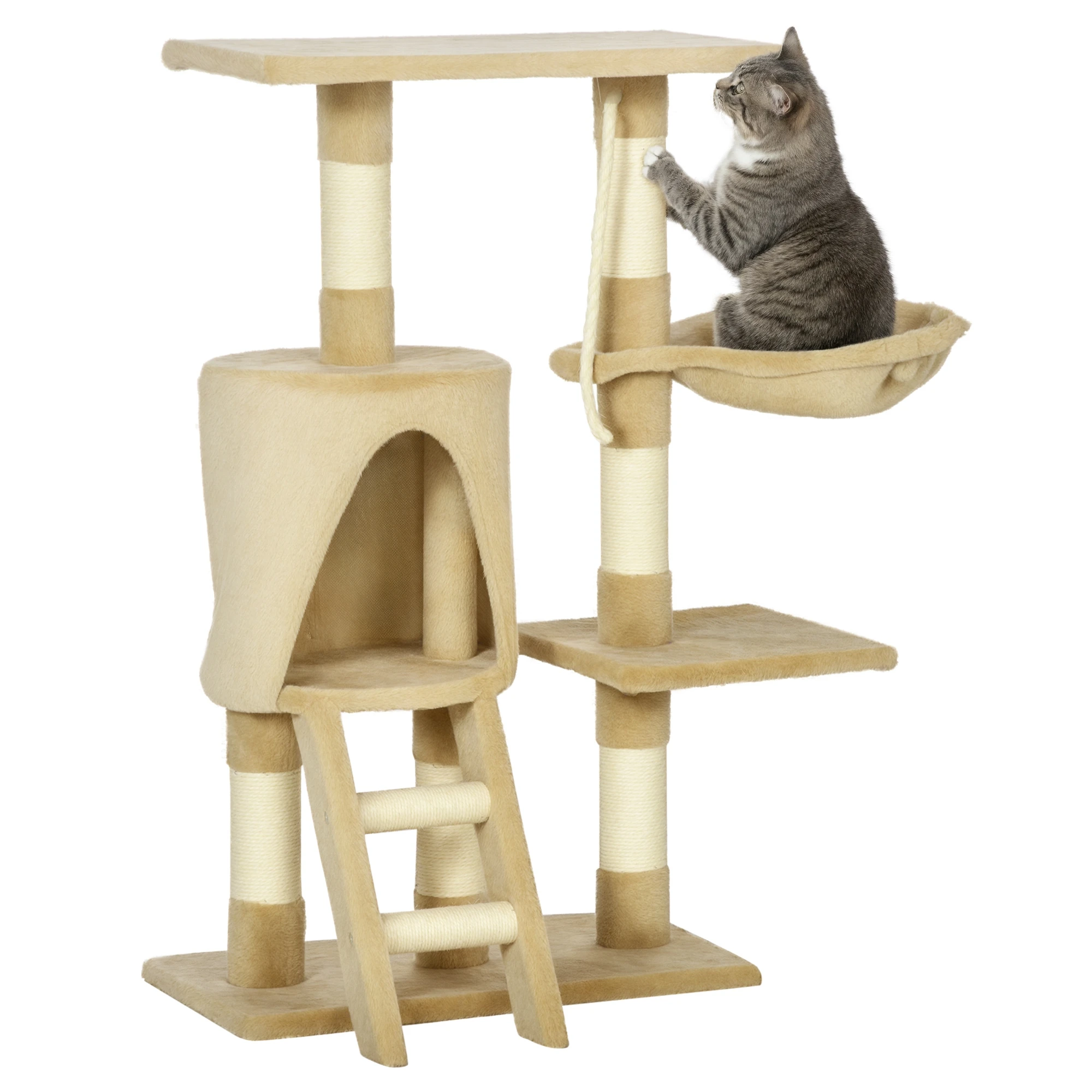 Pawhut Kattenboom Krabpaal Hoogte 95cm met Nest Platform Huisje Ladder