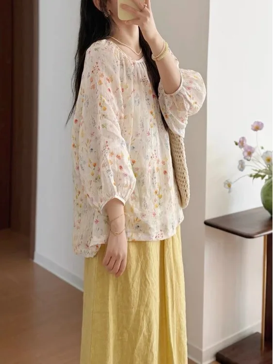 

Spring Summer Floral Print Loose Fit Doll irt Women's Faion Slimming Design 3/4 Sve round Ne Lantern Sve Top
