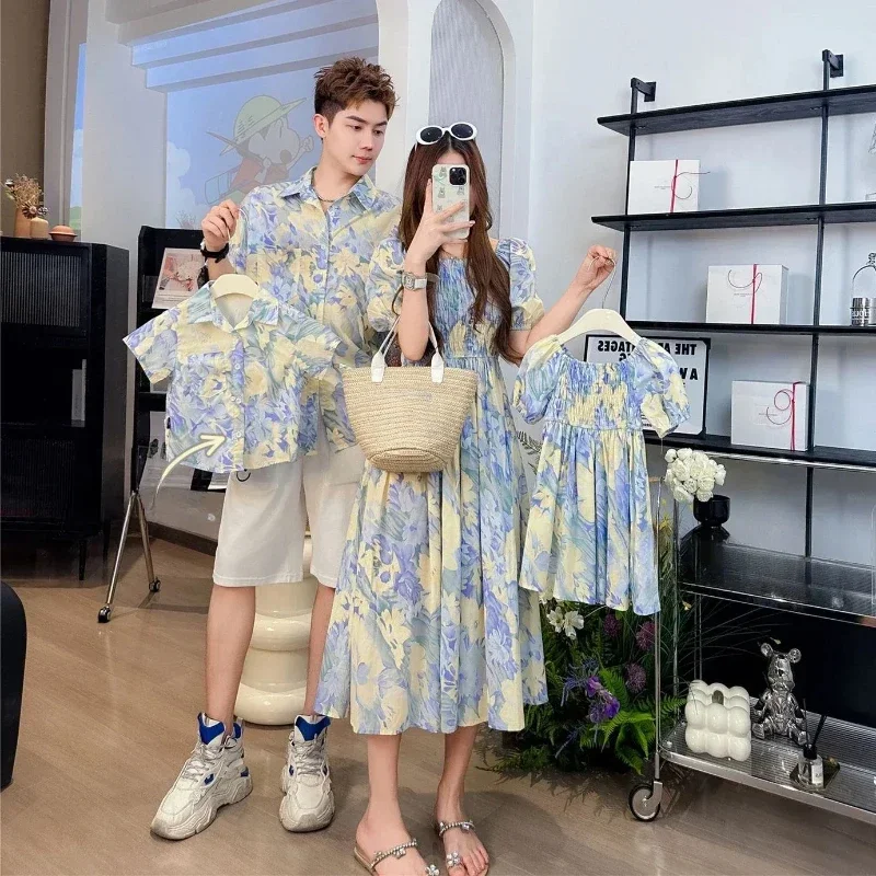 Mom Daughter Girls Smock Dress Vacation Dad Son Floral Shirts Sister Brother Twins Clothing Holiday Look Family Matching Clothes