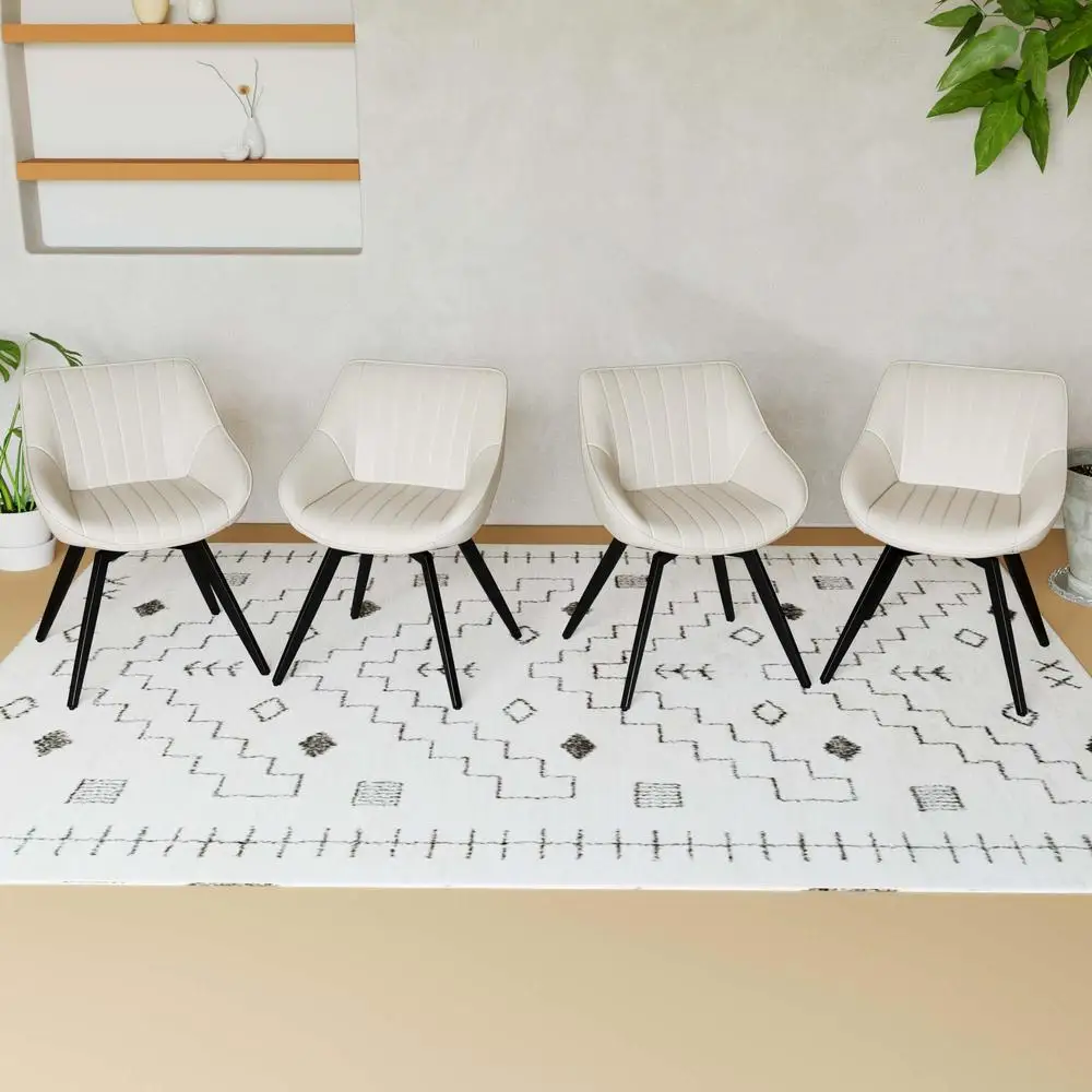 4 كراسي طعام بيضاء من البولي يوريثان في منتصف القرن كراسي مطبخ مريحة حديثة مع أرجل معدنية سوداء مريحة مبطنة وسهلة التنظيف #1