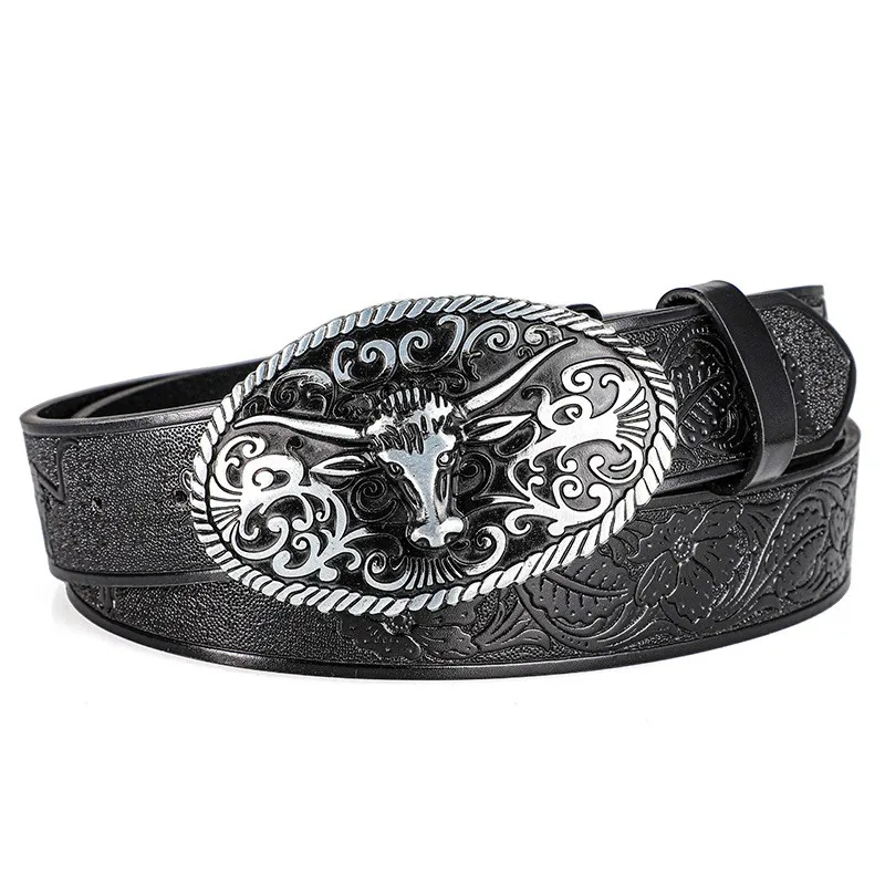 Retro-Trendiger Herren-Gürtel mit Stierkopf-Legierungsschnalle, Western-Stil Prägedruck-Blumenrelief Personalisierter Ethnischer Herren-Gürtel – Detail 3
