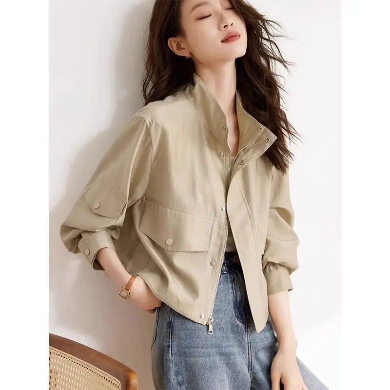 Women\'s 2024 Spring Autumn New Splicing Stand Collar Button Zipper Pocket Fashion Solid Color Loose Casual Long Sleeve Jackets