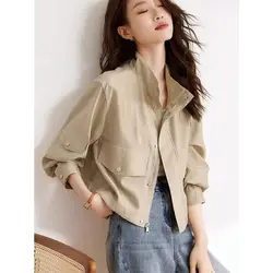 Women's 2024 Spring Autumn New Splicing Stand Collar Button Zipper Pocket Fashion Solid Color Loose Casual Long Sleeve Jackets