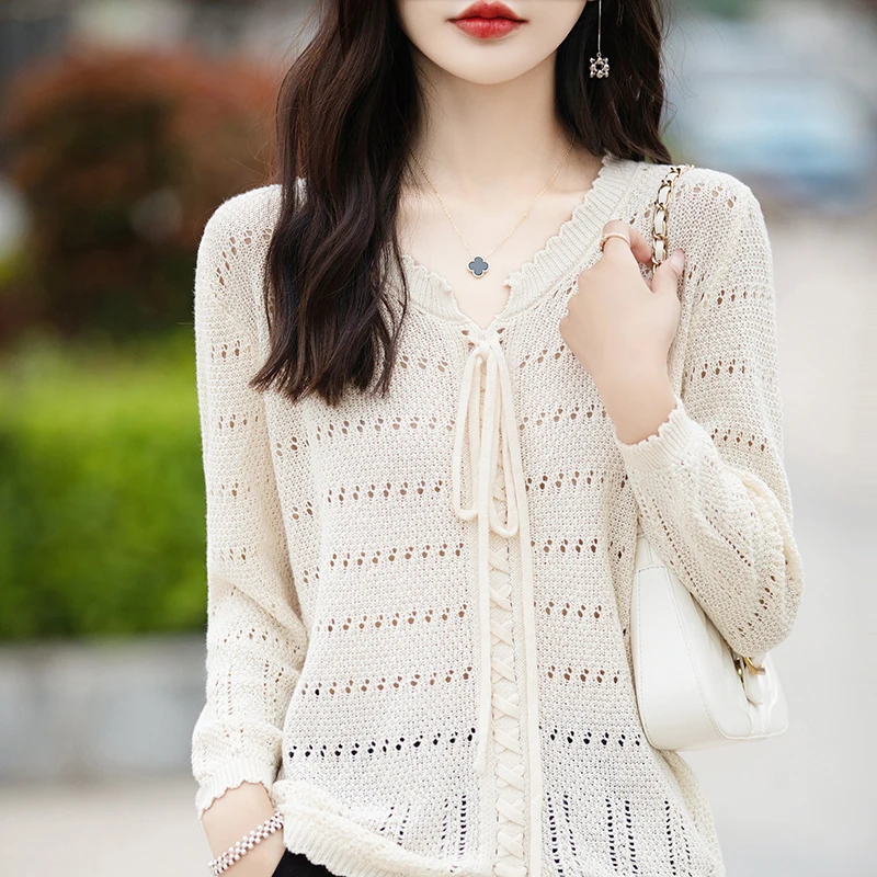 Spring And Summer New Cotton Round Neck Lace Hollow Long Sleeve T-shirt Women's Knitted Bottoming Shirt Sweater