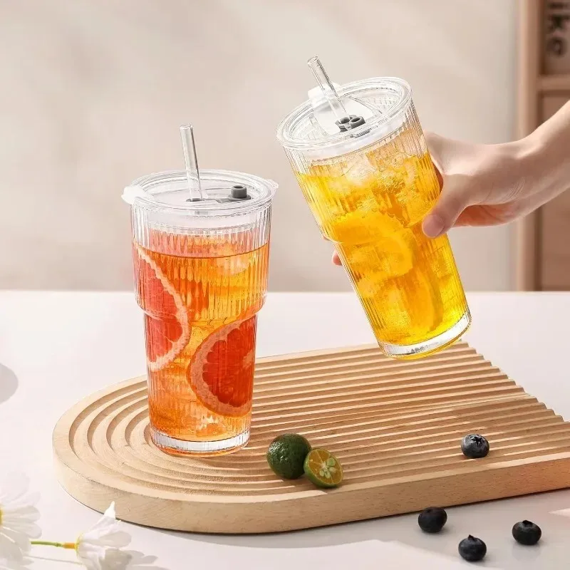 400/600ML Gestreifter Glas-Kaffeebecher Transparenter Trinkbecher mit Deckel und Strohhalm Großer Saft- und Eiskaffeebecher – Detail 8