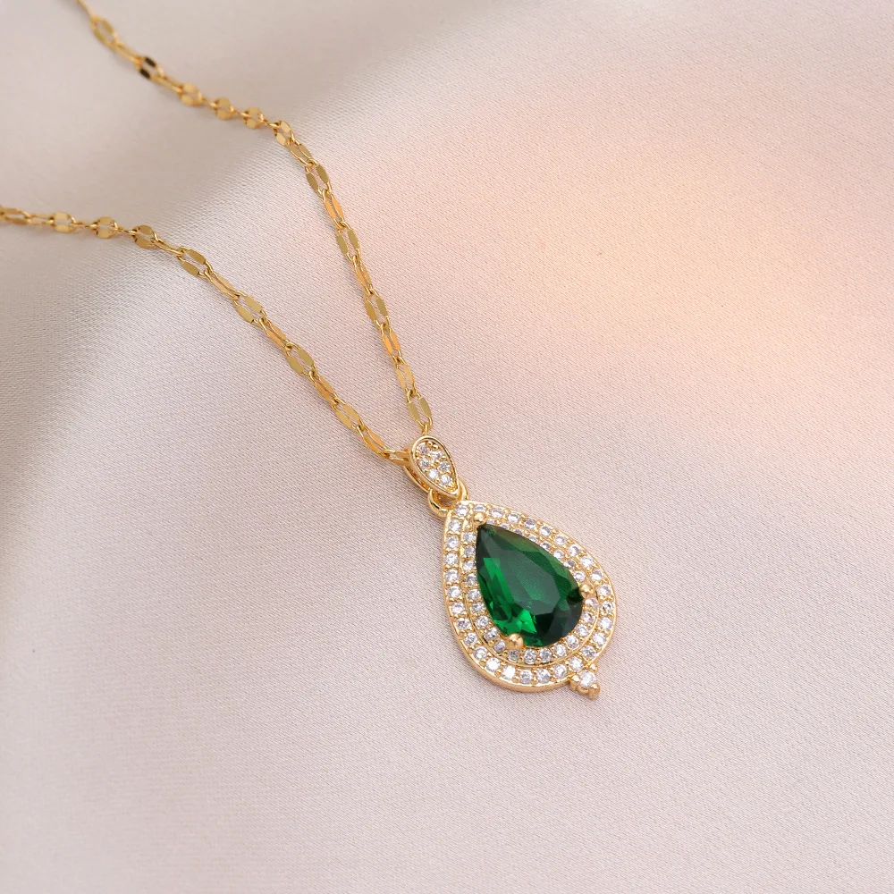 Vintage Female Tear Shaped Pendant Necklace Gold Color Green Crystal Stone Necklaces For Women Dainty Water Drop Wedding Jewelry