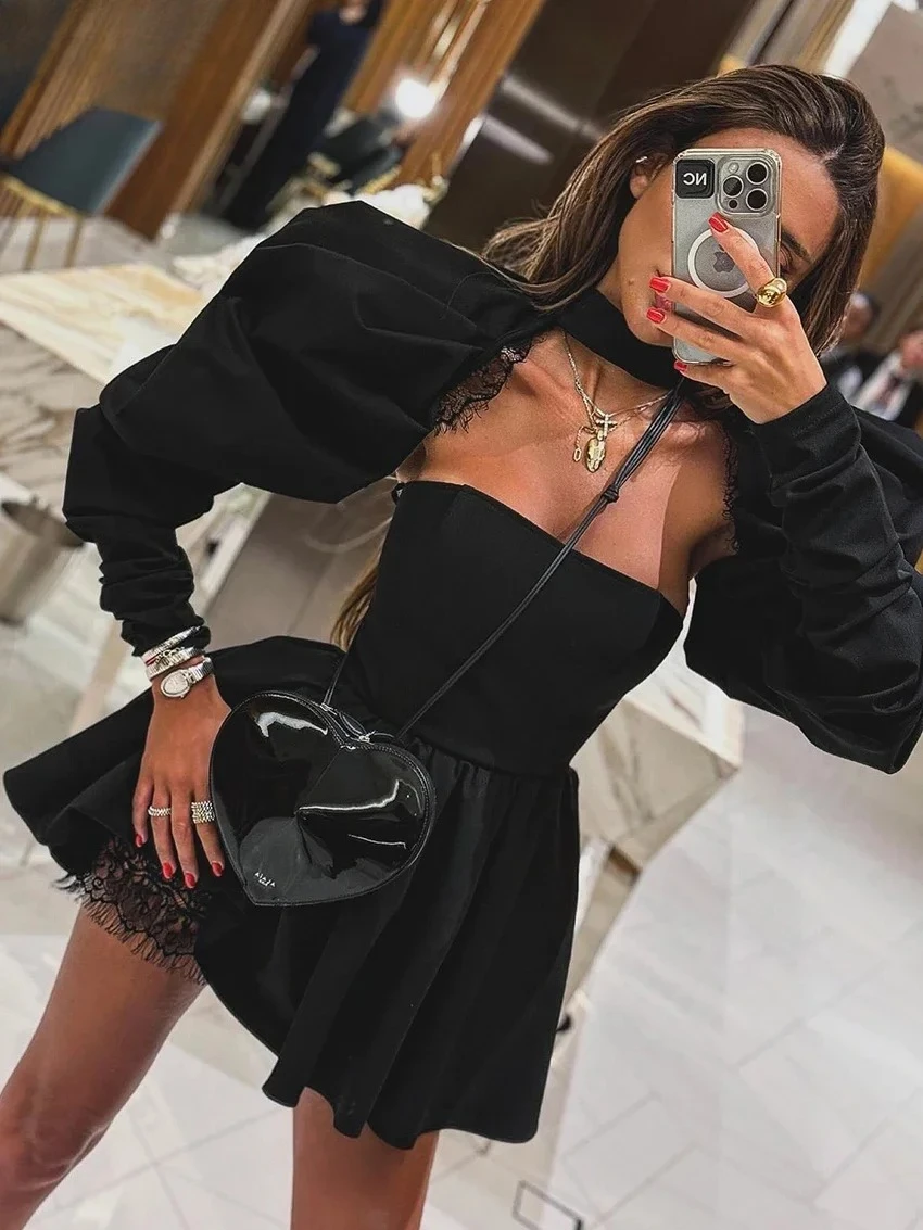 Sexy Slim Black Women's Dress  Bodycon Stand Collar Long Sleeve Mini Dresses Elegant Lace Spliced Female Dress