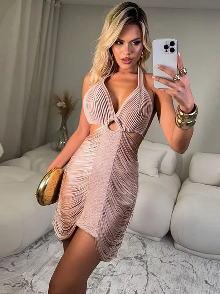 

Tassel Mini Halter Dress Women Sexy Backless Sleeveless Lace Up Bodycon Dresses Female 2025 Summer Party Beach Ladies Slim Robes
