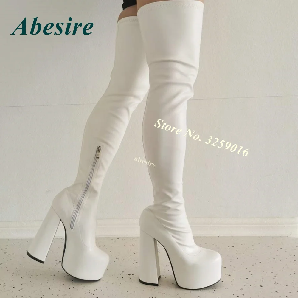 Chunky Heel White Thigh High Boots 2022 New Winter Shoes for Women Round Toe Side Zipper Platform High Heels Big Size 46 Casual