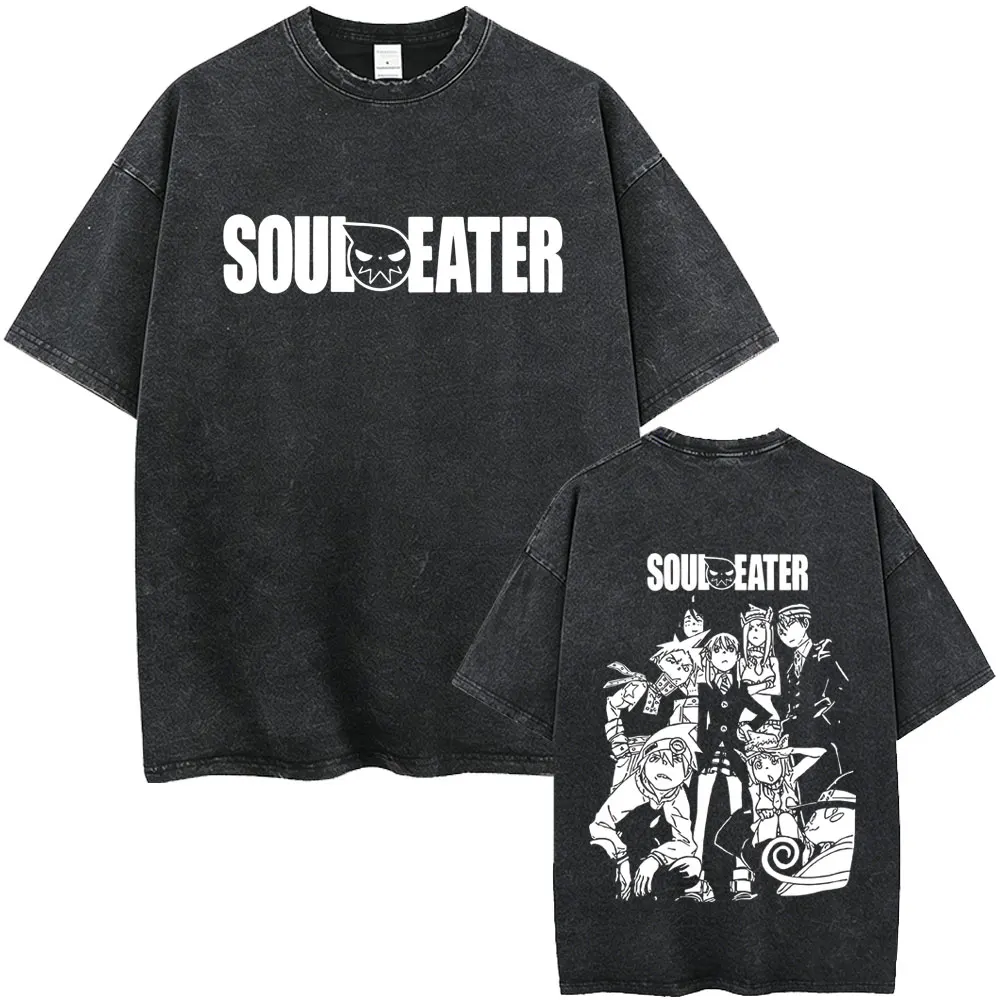 

Washed Vintage Anime Soul Eater Double Sided Print T-shirt Men Women Manga Death The Kid T Shirt Male Cotton Oversized T-shirts