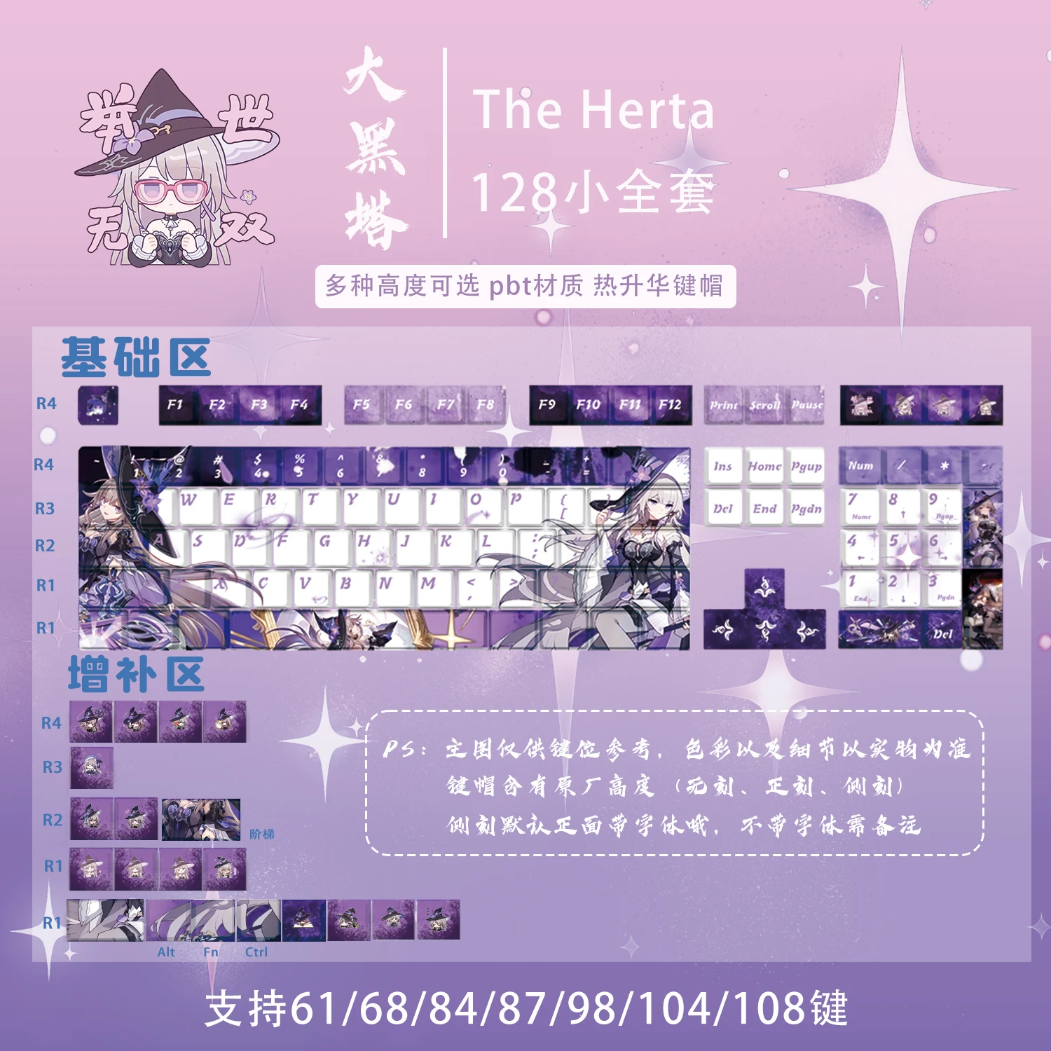 128 Keys Honkai Star Rail Theme The Herta Custom Keycap Chreey Anime Game Side-print Transparent Dye-Sub Mechanical Keyboard Cap