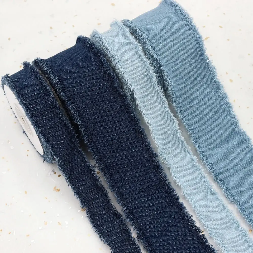 New 1.5Yards Denim Ribbon Hairclip Bows Blue Cowboy DIY Sewing Crafts Solid Color Handmade Fringe Silk Ribbon Gift Wrapping