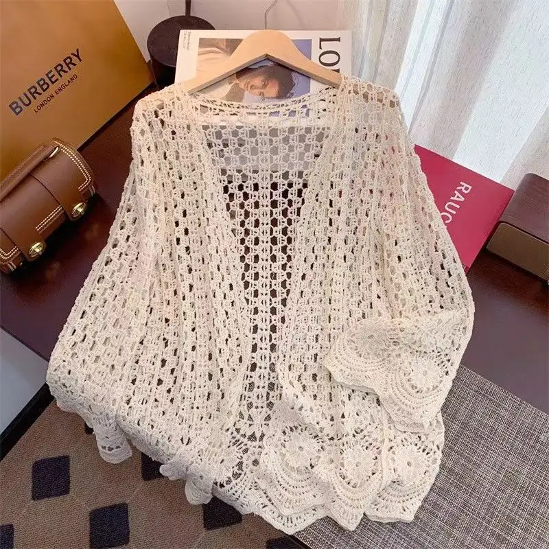 Spring New Beach Sunscreen Shirt Women\'s Pure Cotton Hollow Knitted Cardigan Versatile Western Style Coat