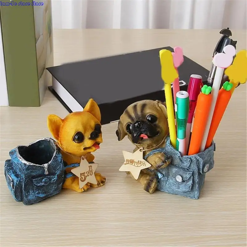 Dog Pen Cup Resin Pencil Cup Desktop Pen Stand Makeup Brush Organizers Storage Box Table Ornament for Office Desk