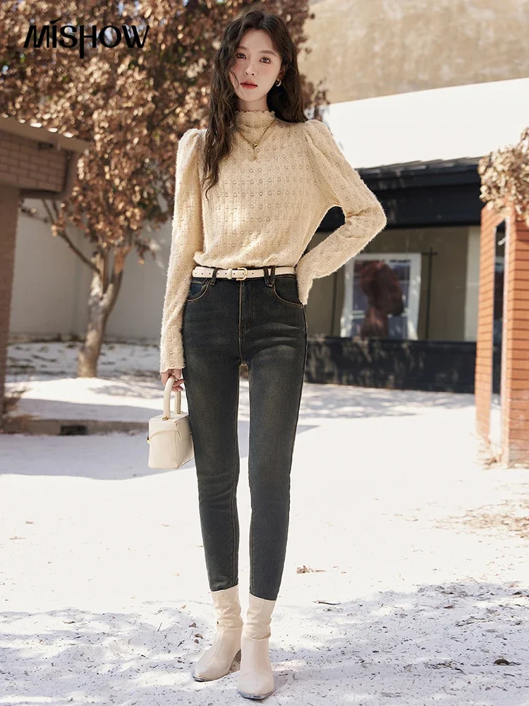 MISHOW Lace Bottoming Shirt Women Autumn Winter Mock Neck Long Sleeve Knitted Pullover French Warm Inner Top Female MXC58Z0481