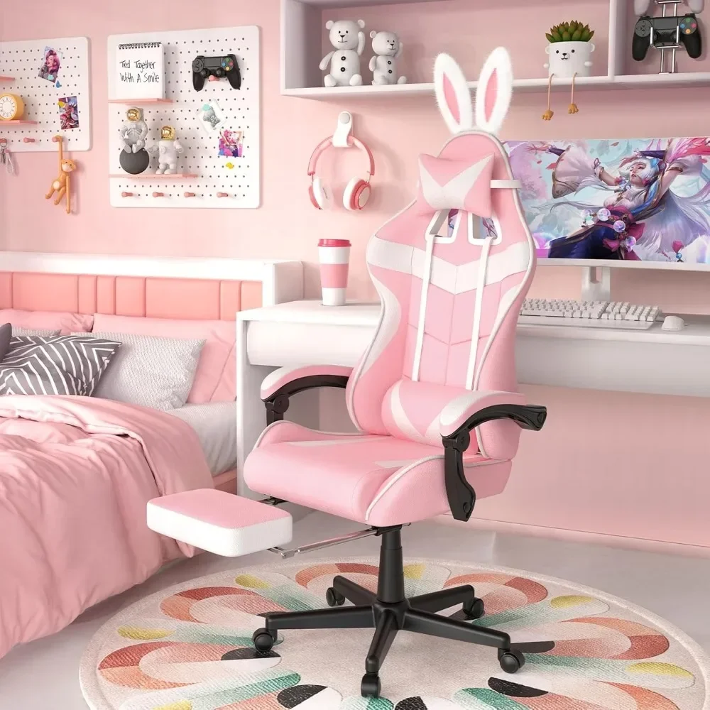 Gaming Chair with Footrest,Lovely Bunny Computer Gamer Chair,Gamer Desk Chair for Granddaughter,Sister,Girlfriend