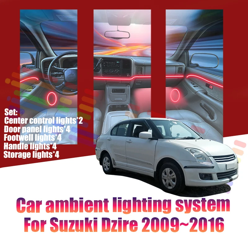 Luces LED Ambientales para Auto Suzuki Dzire 2009~2016 MK1, Luces de Atmósfera Coloridas, Tira de Neón Interior para Auto, Iluminación RGB de 64 Colores