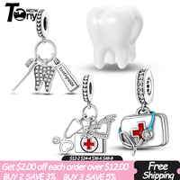 925 Sterling Silver CZ Doctor Dentist Tooth Charm Chocolate Beads Fit Original Bracelet For Women DIY Making Jewelry Silver Gift