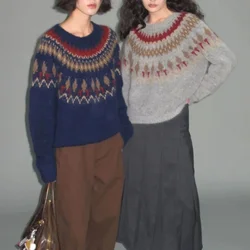 3D Korean Knit Sweater Female Autumn Winter Y2K Korean Contrasting Cotton Loose And Lazy Round Neck Long Sleeve Pullover Top New