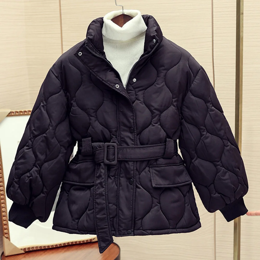 Korean Black Parkas Women Winter Coat Belt Warm Quilted Jacket Pockets Long Sleeve Women\'s Clothing Cotton-padded Outwear Mujer