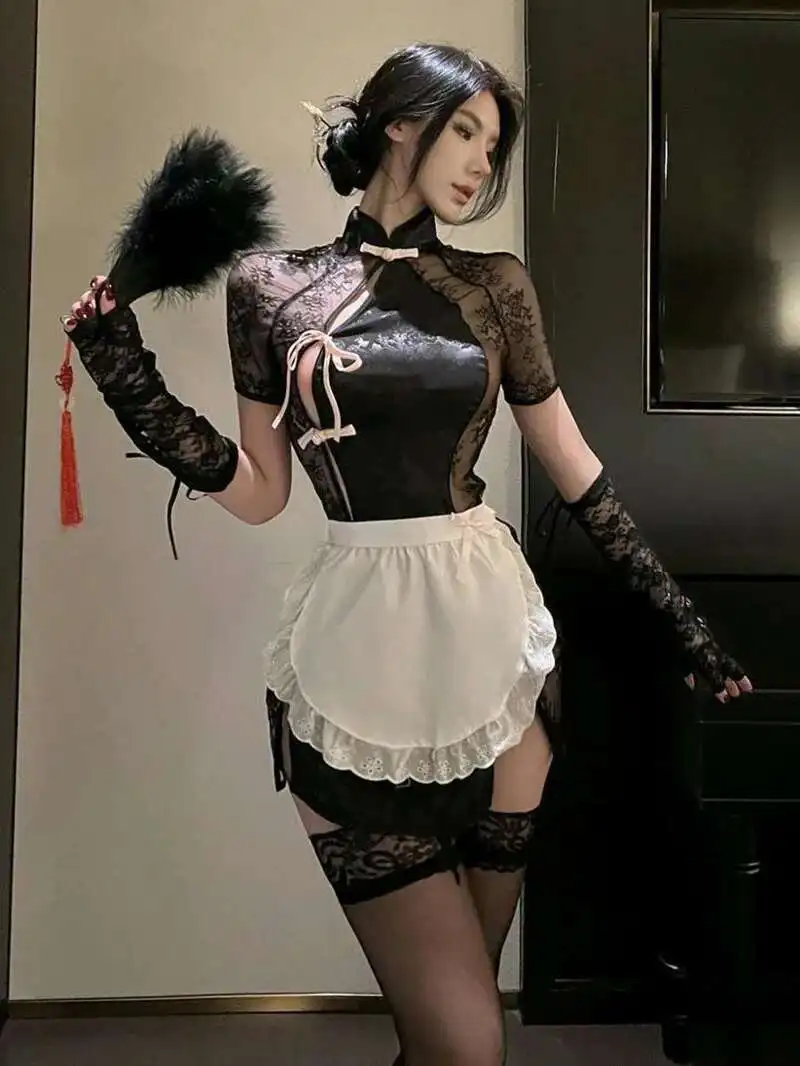 Sexy Queen Cosplay Transparent Nightgown Chinese Maid Cheongsam Pure Desire Uniform Female Dress Elegant Mesh Lace Sheer X3QQ