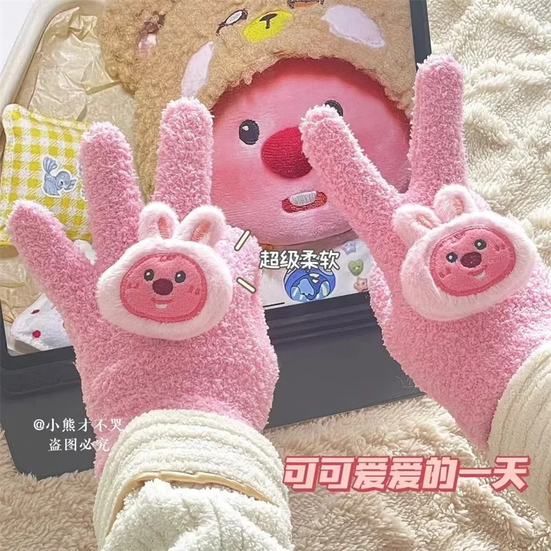 Fashion Sanrios Winter Plush Five Finger Gloves Kawaii Cartoon Girl Hello Kitty Pochacco Warm Outdoors Cycling Cold-proof Gloves