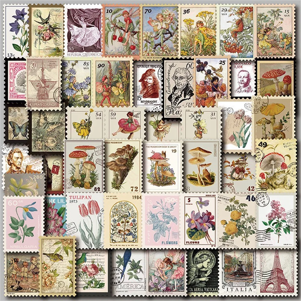 50stamps effect handbook stickers vintage landscape hand-painted oil painting style handbook sticker for women Kids Cane Sticker