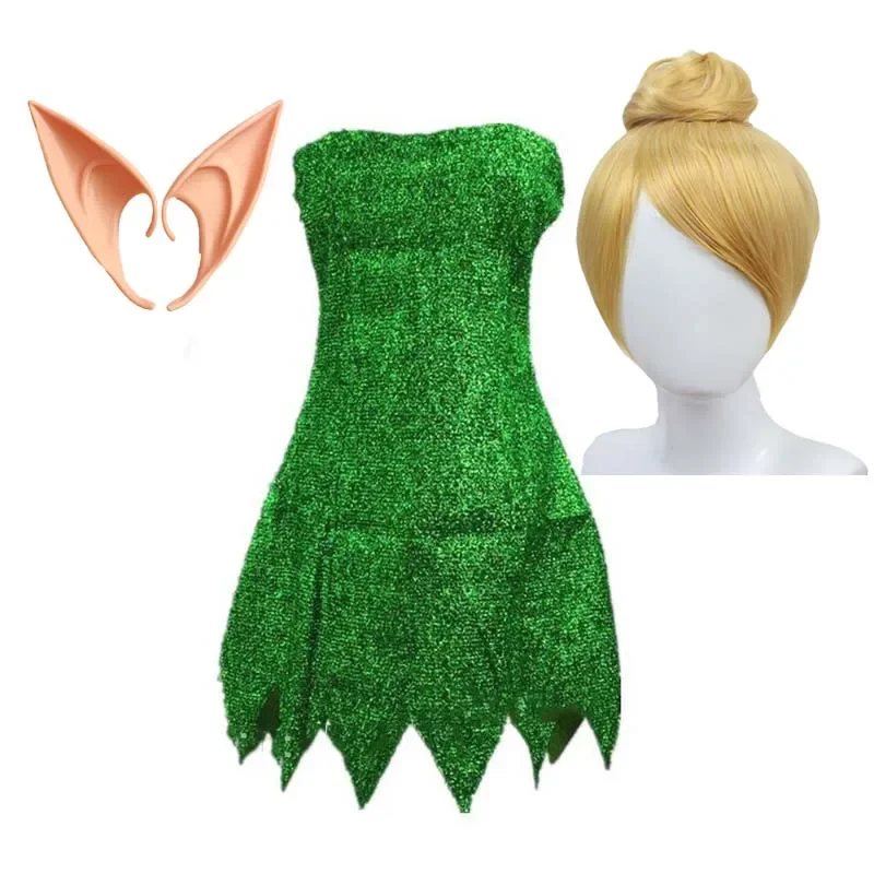 Anime Tinker Bell Cosplay Costume Green Dress Suit Miss Mini Tube Sexy Uniform And Wigs Set Halloween For Women Cosplay Costume