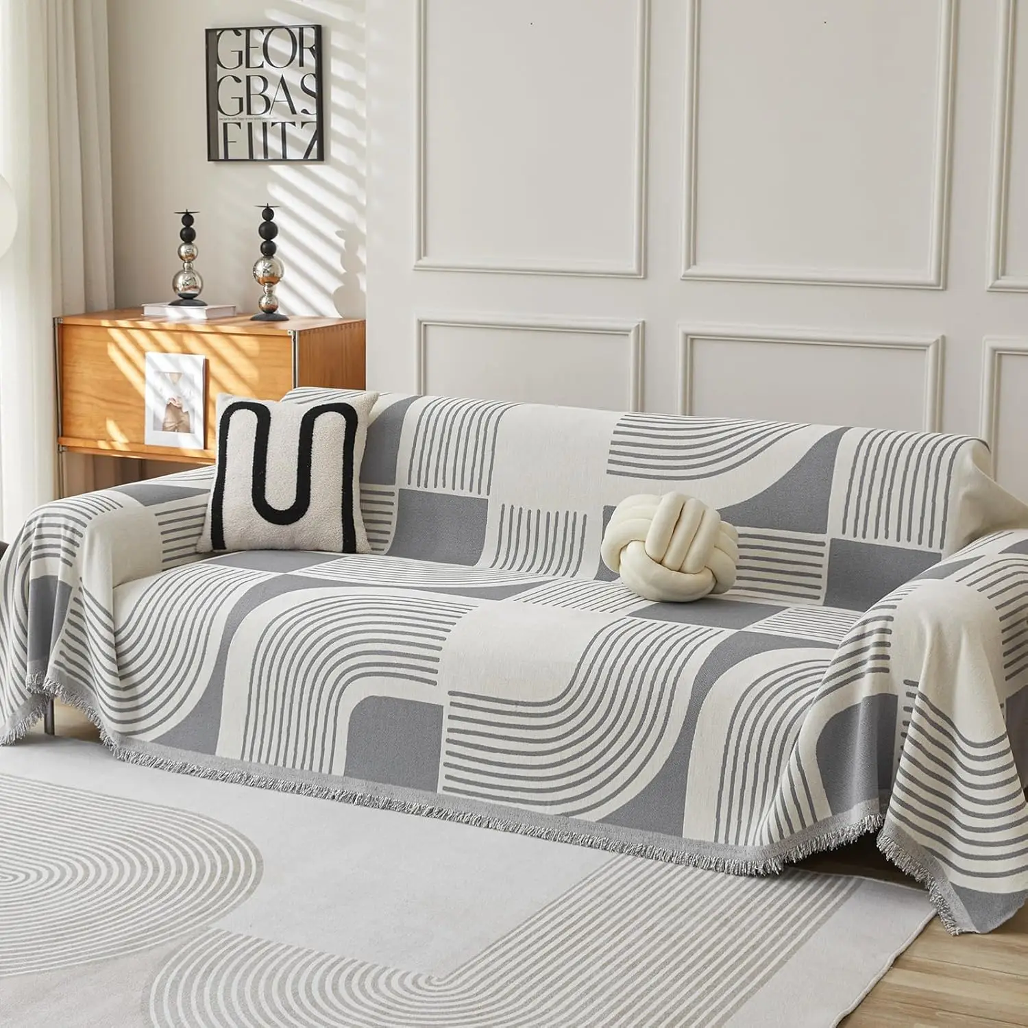 

Boho Chenille Couch Cover With Tassels, Bohemian Sofa Cover For 3 Cushion Couch, L-Shaped Sectional, Loveseat, Futon, 2 3 4