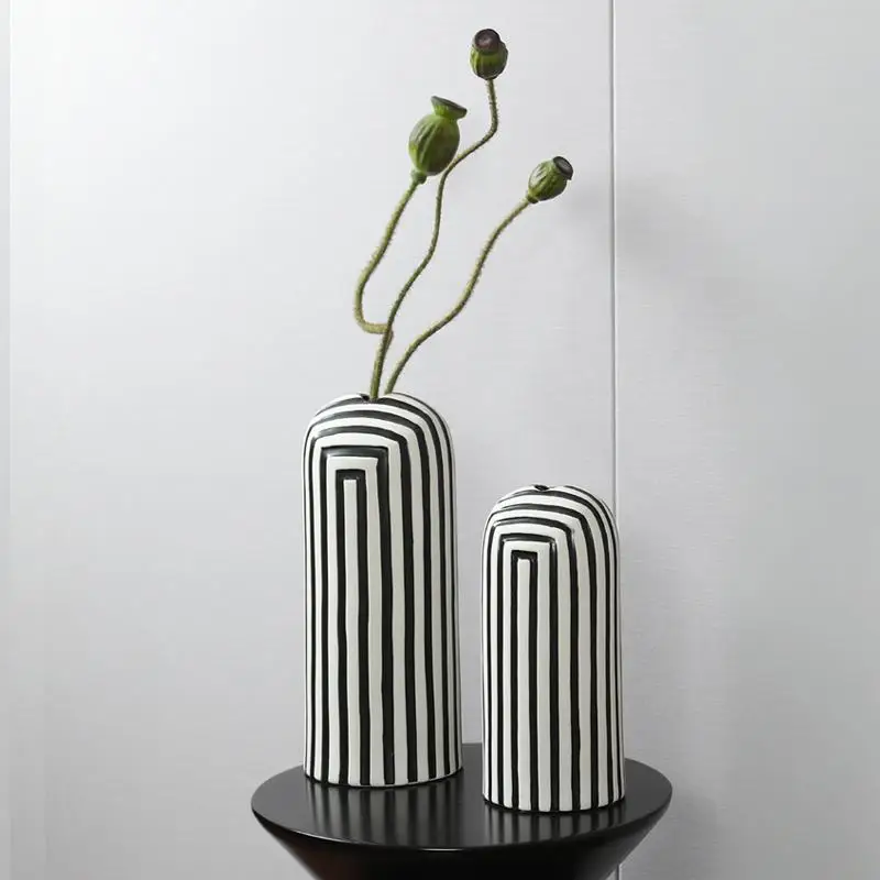 Geometry Black and White Striped Ceramic Vases, Ceramic Jars, Dining Table Flower Arrangement Containers, Home Decoration