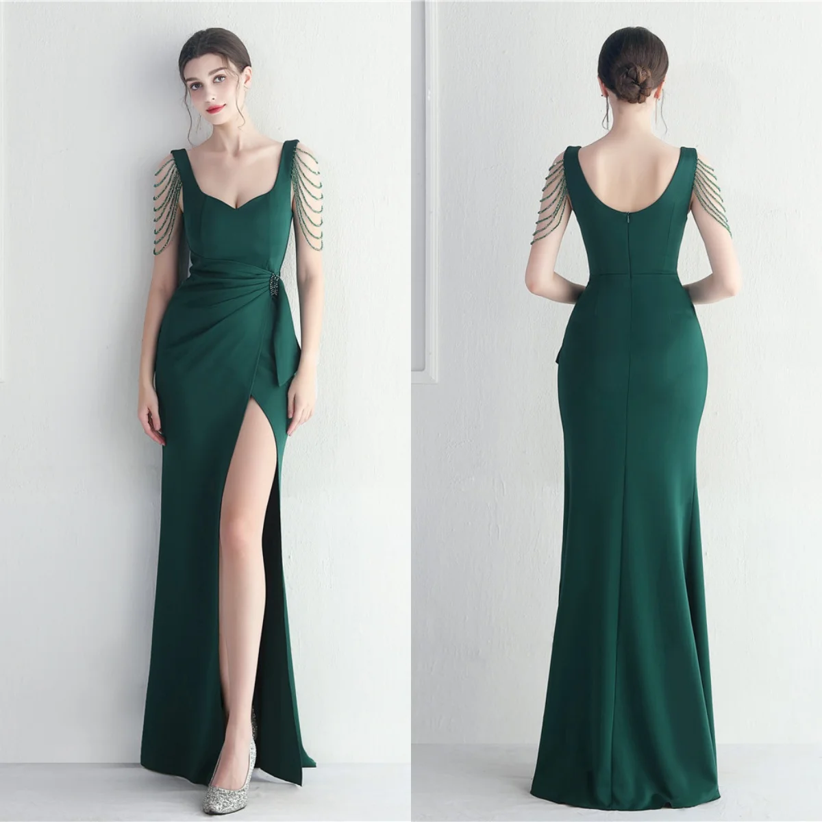 

Evening Dress Green Stretchy Spaghetti Straps Beads Zipper Back Mermaid Trumpet Slit Floor Length Women Party Formal Gowns YE155