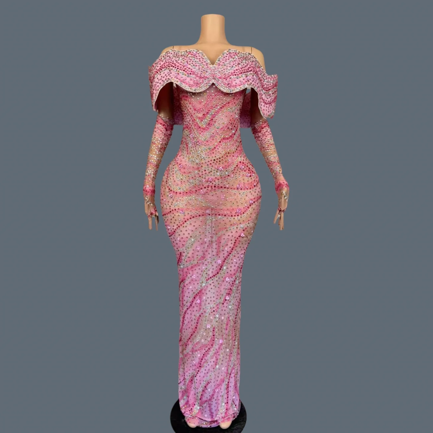 

High-end Sexy Women Couture Birthday Party Sexy Long Dress Gloves Sparkly Rhinestone Elegant Off shoulder Evening Dress Aorun