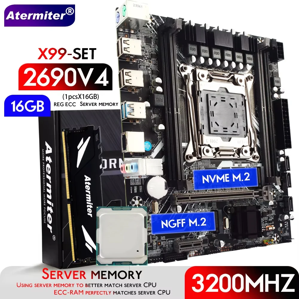 Atermiter X99 D4 Motherboard Set with Xeon E5 2690 V4 LGA2011-3 2690v4 CPU 16GB 3200MHz DDR4 REG ECC RAM Memory