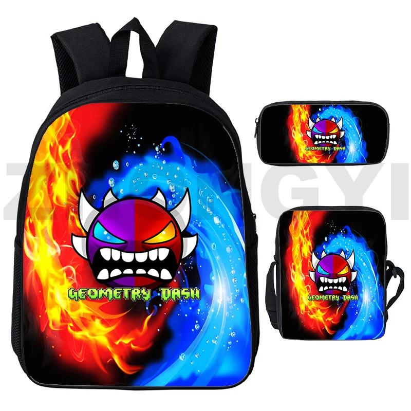 Hot Game Angry Geometry Dash Backpacks 3 Pcs/Set Outdoor Sports School Back Pack for Boys Pencil Case Vintage Travel Bag Women