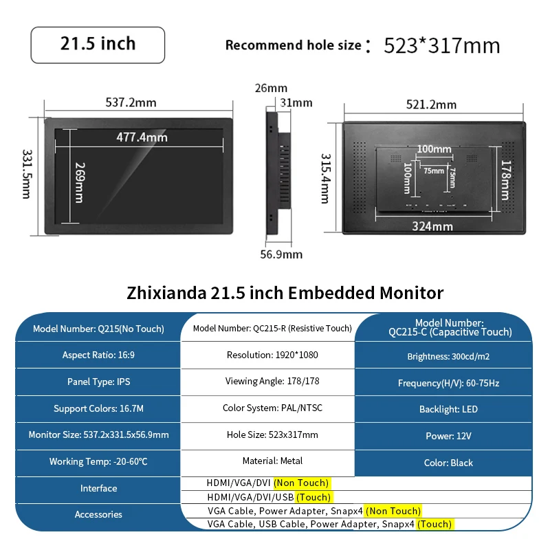 Imagem -05 - Painel Ips Embedded Mount Monitor Touch Screen Resisitivo ou Capacitivo Display Industrial 215 1920x1080 Vga Hdmi Usb Dvi