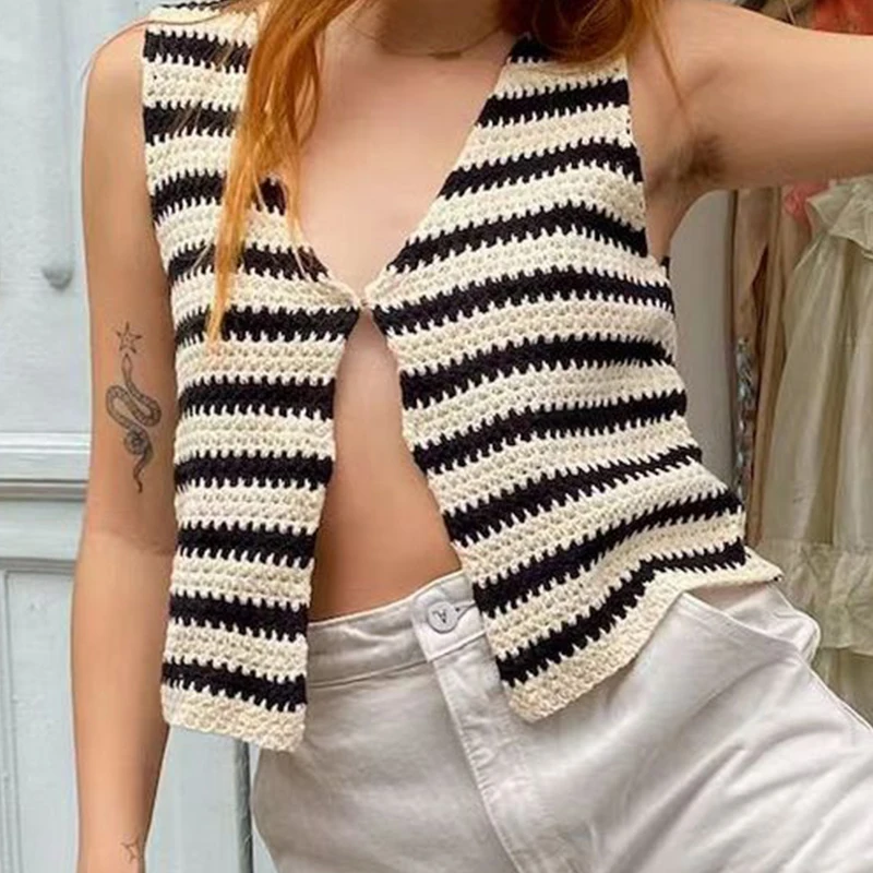 2024 Fashion Black White Striped Vest Women Sexy Woolen Vest Summer Tops Women\'s Clothing