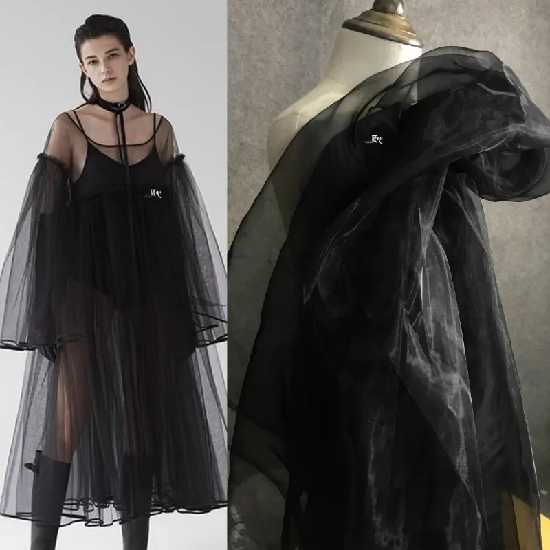 Black Organza Fabric Lining Fashion Outerwear Dress Designer Wholesale Cloth Apparel Sewing By Meters Diy Polyester Material