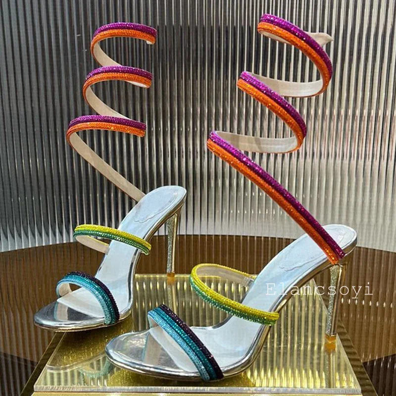 Summer Thin High Heels Sandals Women's Shiny Rhinestone Mixed Color Snake Shaped Gladiator Sandalias Sexy Party Banquet Shoes
