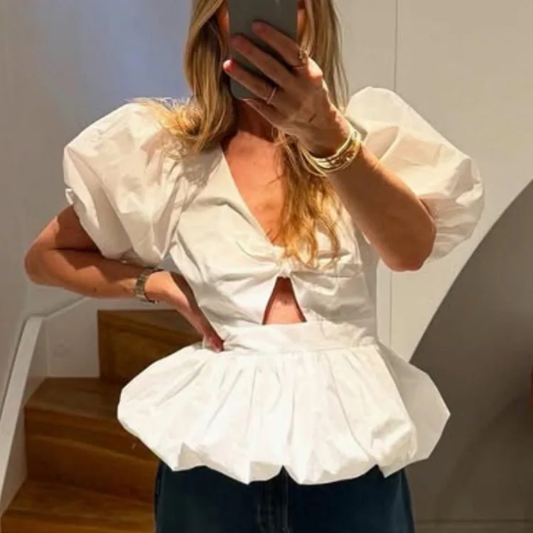 White Puff Short Sleeve Peplum Blouse Top Deep V Front Tie Cutout Waist Gathered Bubble Hem Flowy Casual Cotton Shirt 260702