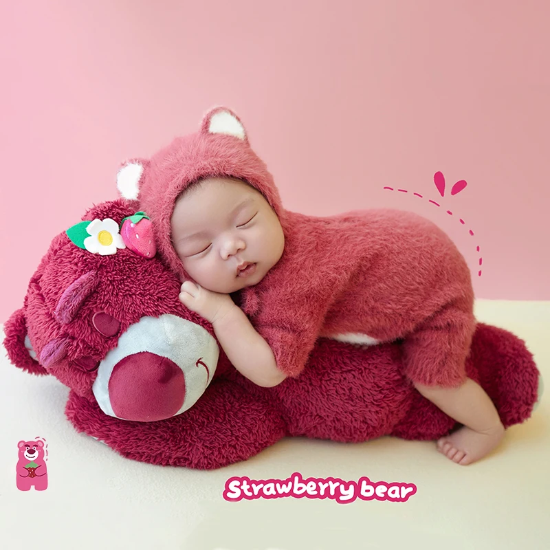 Newborn Photography Clothes Cute Bear Ear Hat Knitted Jumpsuit Pink Bear Theme Photoshoot Doll Props Baby Photo Accessories