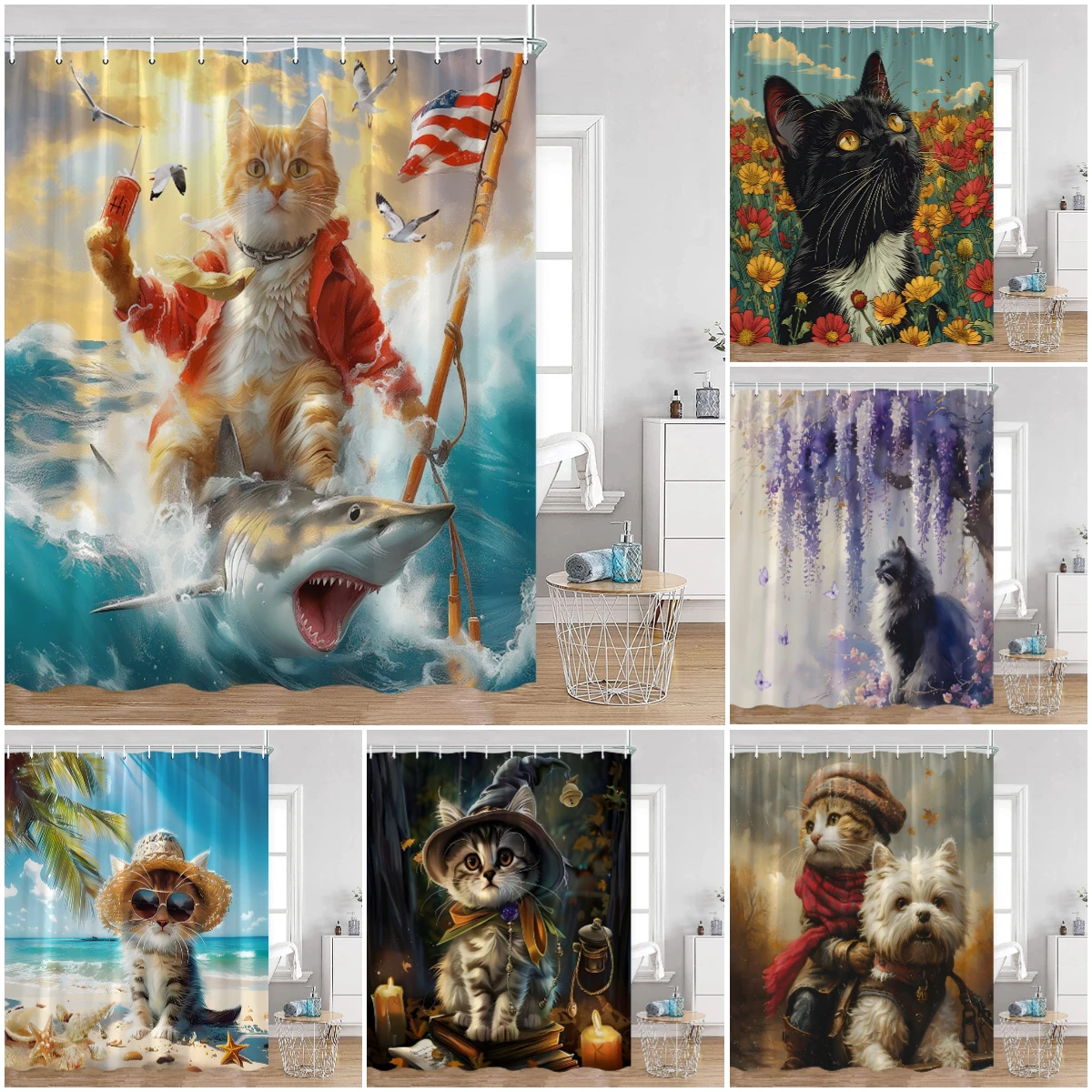 Funny Cats Shower Curtain Cats Riding Sharks Cool Cute Cats Dogs Flowers Summer Bathroom Decortaions Polyester Bath Curtain